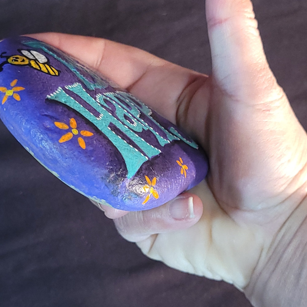 Bee Happy Purple & Teal Painted Rock - Picture 3 of 7